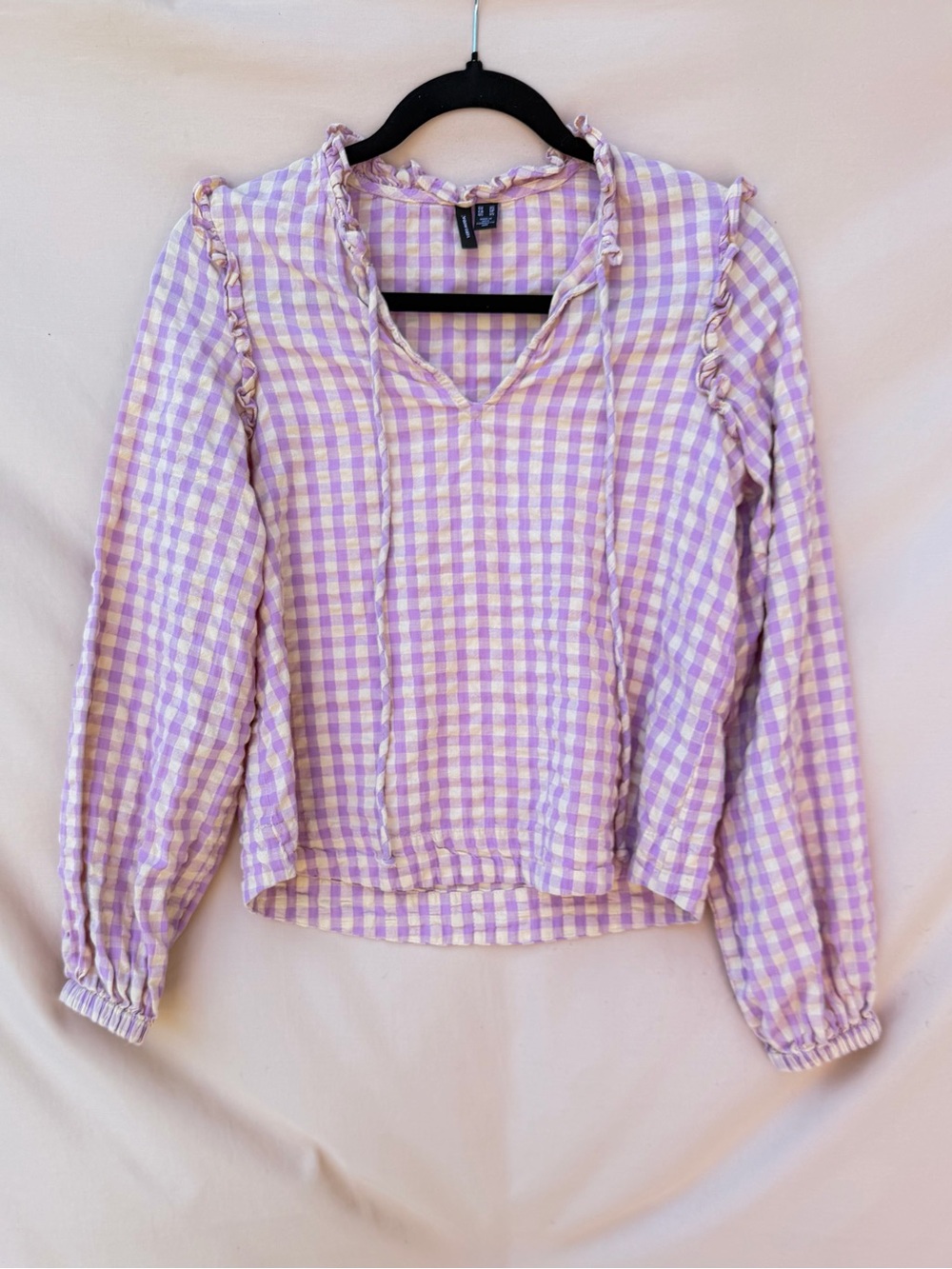 Vero Moda Lavender Gingham Ruffle‎ Tie-Neck Blouse Cottagecore